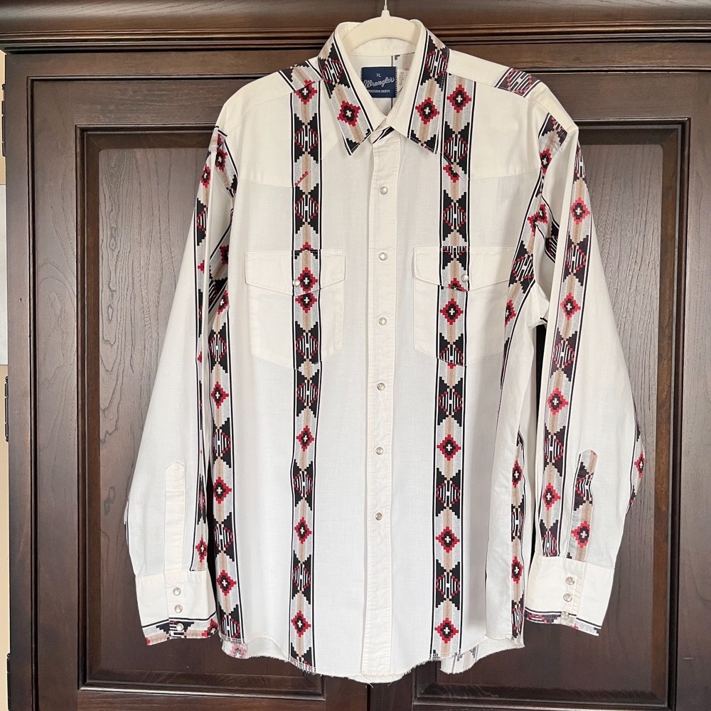 Vintage WRANGLER Aztec Button Down Shirt Mens XL Pearl Snaps 100% Cotton Western